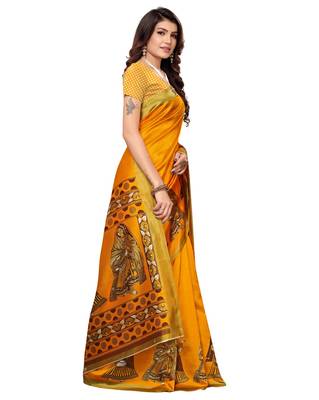 Yellow printed art silk saree with blouse 3