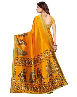 Yellow printed art silk saree with blouse 4