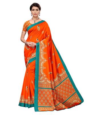 Orange printed art silk saree with blouse 1