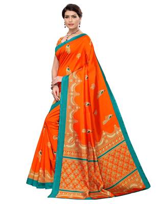 Orange printed art silk saree with blouse 2