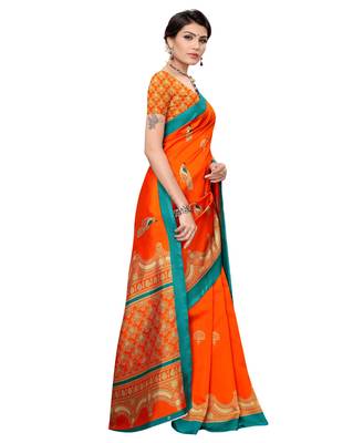 Orange printed art silk saree with blouse 3