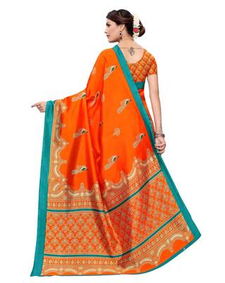 Orange printed art silk saree with blouse 4