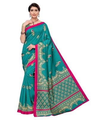 Green printed art silk saree with blouse 1