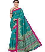 Green printed art silk saree with blouse