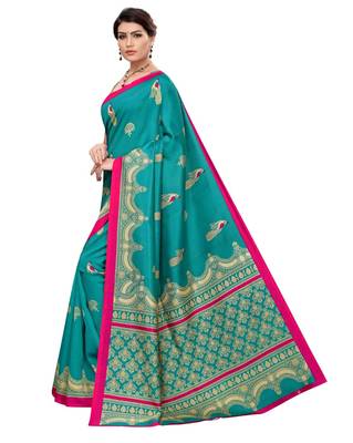 Green printed art silk saree with blouse 2