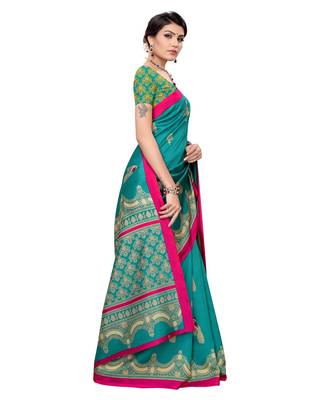 Green printed art silk saree with blouse 3