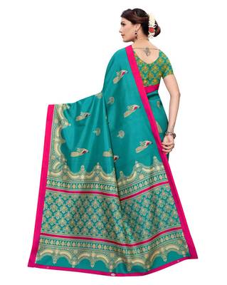 Green printed art silk saree with blouse 4