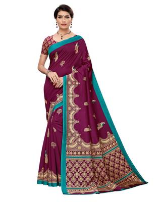 Wine printed art silk saree with blouse 1