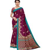 Wine printed art silk saree with blouse