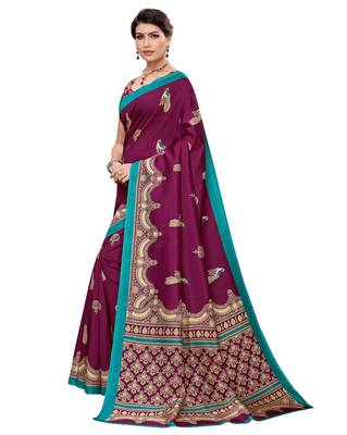 Wine printed art silk saree with blouse 2