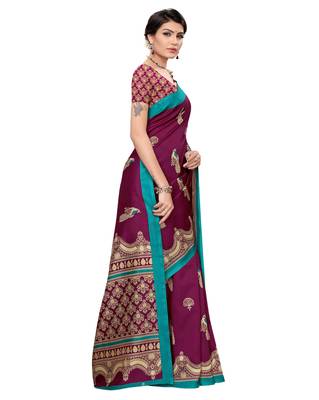 Wine printed art silk saree with blouse 3