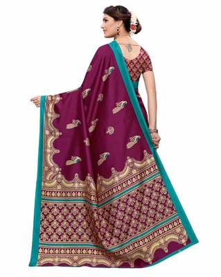 Wine printed art silk saree with blouse 4