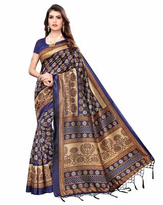 Navy blue printed art silk saree with blouse 1