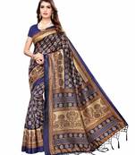 Navy blue printed art silk saree with blouse