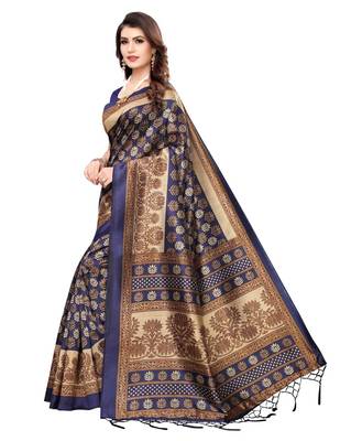 Navy blue printed art silk saree with blouse 2