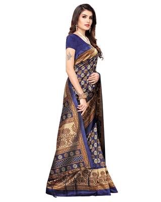 Navy blue printed art silk saree with blouse 3
