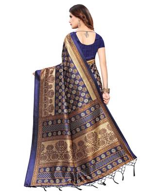 Navy blue printed art silk saree with blouse 4
