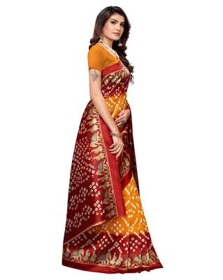 Yellow printed art silk saree with blouse 3
