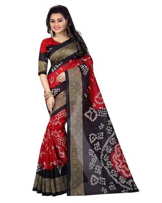 Red printed art silk saree with blouse 1