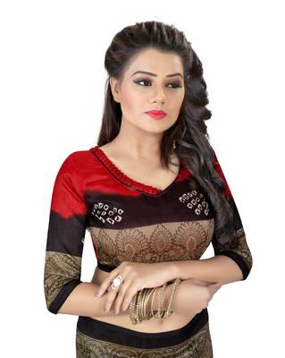 Red printed art silk saree with blouse 4