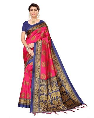 Pink printed art silk saree with blouse 1