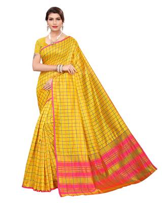 Yellow printed art silk saree with blouse 1