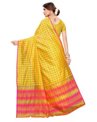Yellow printed art silk saree with blouse 3