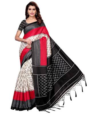 White printed art silk saree with blouse 1