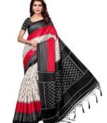 White printed art silk saree with blouse