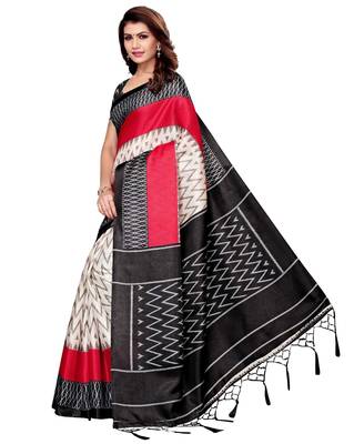 White printed art silk saree with blouse 2