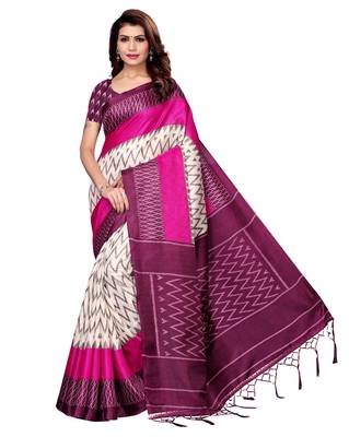 White printed art silk saree with blouse 1