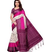 White printed art silk saree with blouse