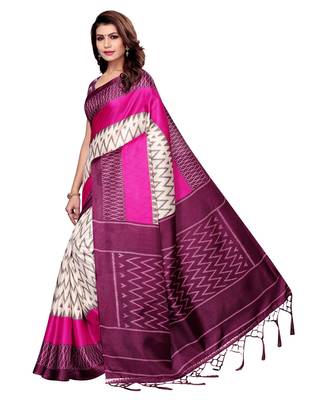 White printed art silk saree with blouse 2