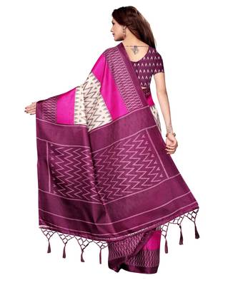White printed art silk saree with blouse 3