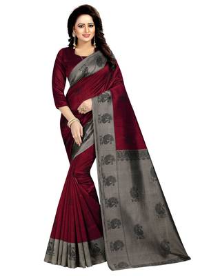Maroon printed art silk saree with blouse 1