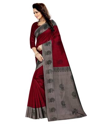 Maroon printed art silk saree with blouse 2