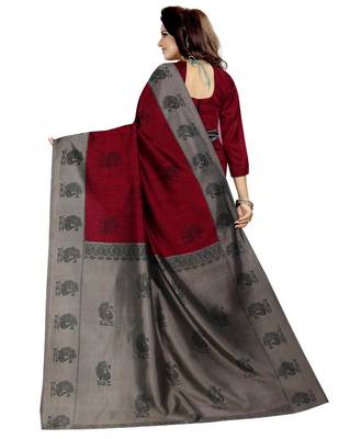 Maroon printed art silk saree with blouse 3