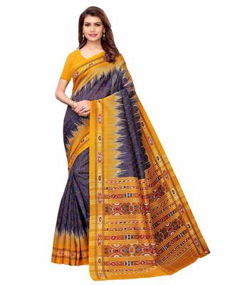 Navy blue printed art silk saree with blouse 1