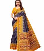 Navy blue printed art silk saree with blouse