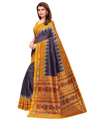 Navy blue printed art silk saree with blouse 2