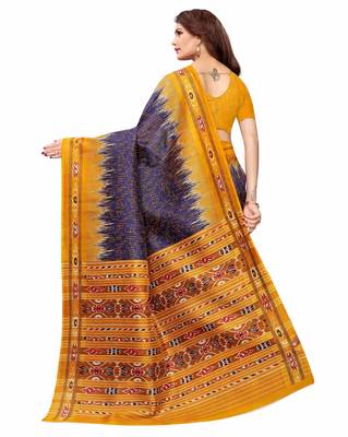 Navy blue printed art silk saree with blouse 3
