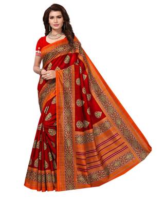 Red printed art silk saree with blouse 1