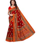 Red printed art silk saree with blouse