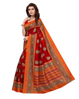 Red printed art silk saree with blouse 2