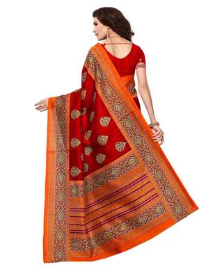 Red printed art silk saree with blouse 3