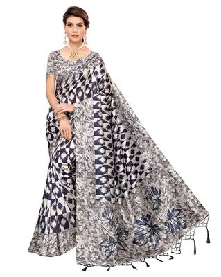 Navy blue printed art silk saree with blouse 1