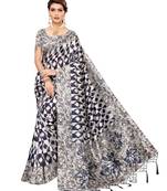 Navy blue printed art silk saree with blouse