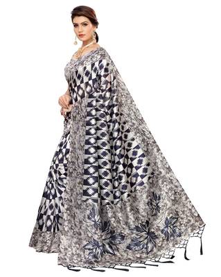 Navy blue printed art silk saree with blouse 2