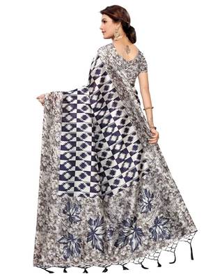 Navy blue printed art silk saree with blouse 3