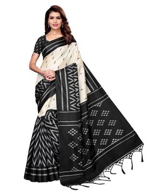 White printed art silk saree with blouse 1